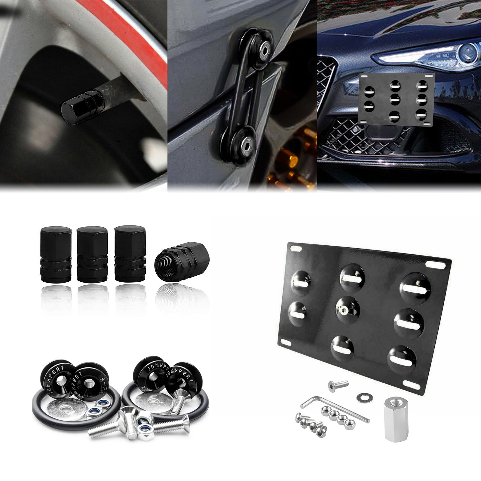 Set Tow Hook License Plate + Air Valve Cap + Release Fastener For