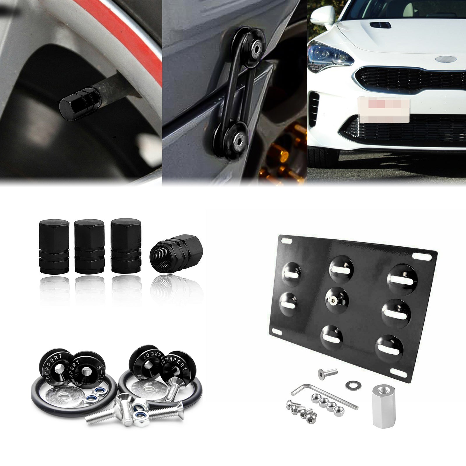 Set Tow License Plate + Air Valve Cap + Release Fastener For Kia Sting