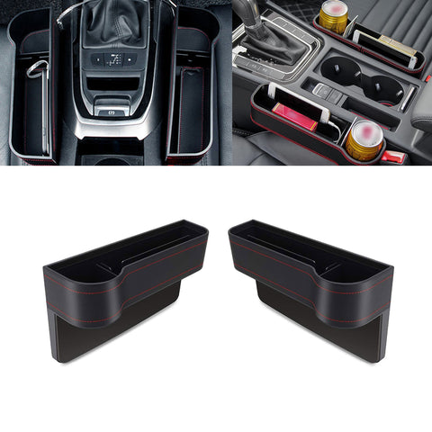 2PCS Car Front Seat Console Left & Right Side Pocket Gap Filler Cup Holder Organizer Storage Box for Cellphones Keys Cards Wallets Sunglasses, Black Leather (2.95" in Diameter)