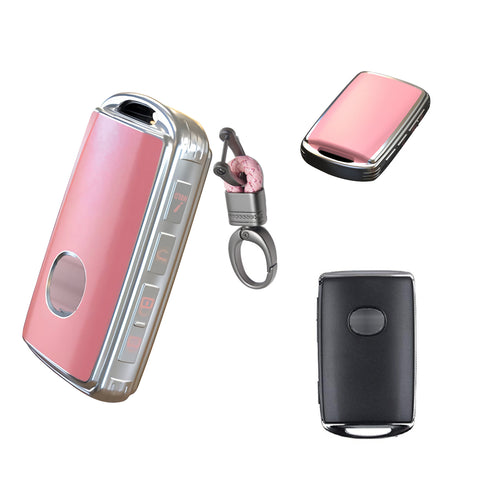 Pink TPU Sand Leather Full Protect Remote Key Fob Cover w/Keychain For Mazda CX-9 2020-21
