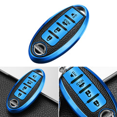 4 Buttons Remote Key Fob Shell TPU & Leather Full Protect Holder Blue For Nissan