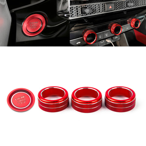 Centre Console AC Climate Control Knob Surrounding Ring + Engine Start/Stop Push Button Covers Decoration Combo Kit Compatible with Honda Civic 11th Gen 2022 (Red)