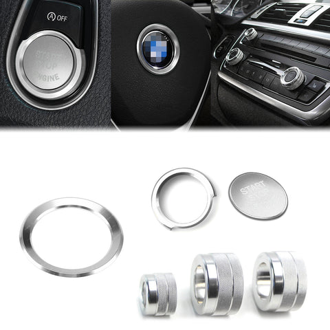 Silver Engine Button Steeing Wheel Logo AC Climate Switch Ring Cover For BMW F30