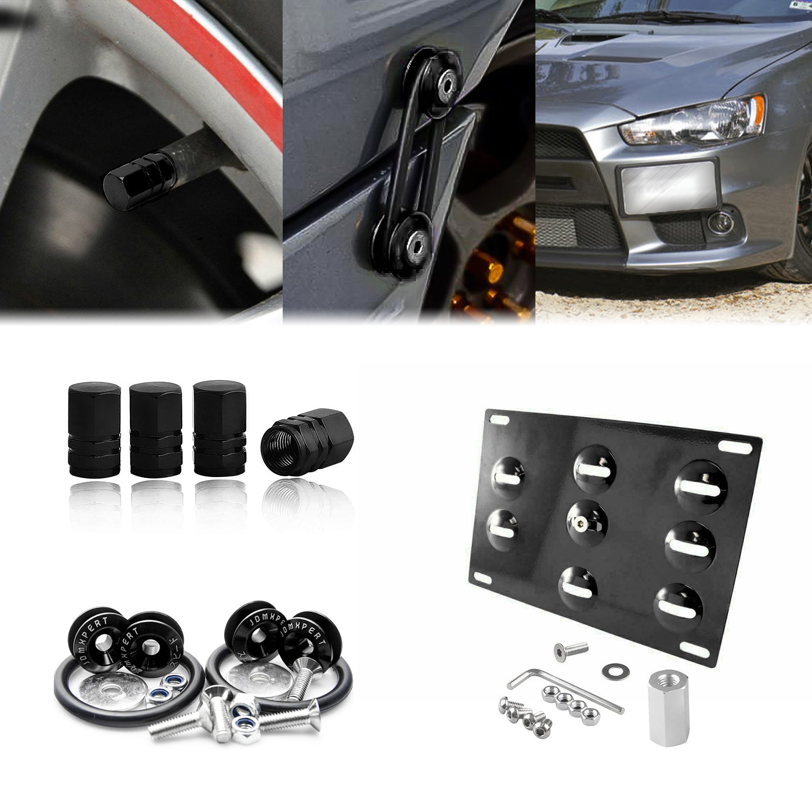 Set Tow Hook License Plate + Air Valve + Release Fastener For