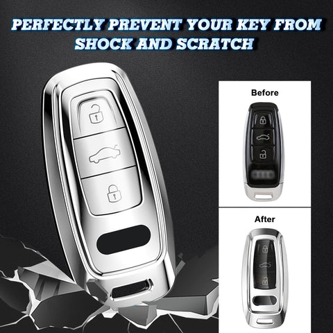 Xotic Tech Silver TPU Key Fob Shell Full Cover Case w/ Red Keychain, Compatible with Audi A6 C6 C5 A3 A4 B6 B7 B9 B8 A5 A2 Q5L Q3 A1 S3 A4L Q7 A5 A7 A8 Q5 R8 TT S5 S6 S7 S8 Smart Keyless Entry Key