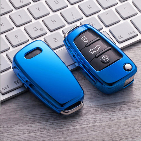 For Audi Key Fob Cover Case, Soft TPU Key Shell Cover Holder Protector Compatible with Audi A1 A3 A4 A5 A6 Q3 Q7 R8 A6L TT Flip Key 3 Buttons, Blue
