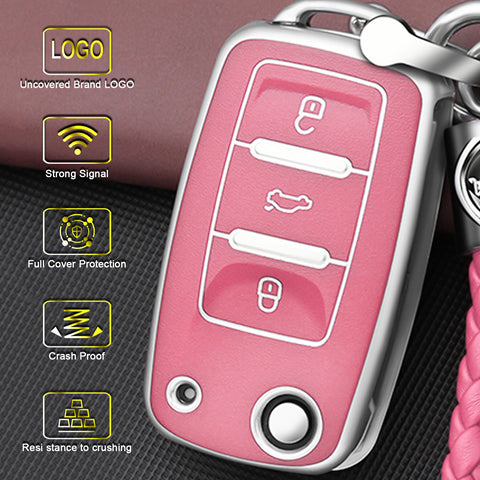 Key Fob Cover for VW Volkswagen Golf GTI Passat Beetle Tiguan Polo EOS Jetta MK1-MK6 3 Buttons,Soft TPU Full Protection Key Shell Case Smart Remote Entry,Pink