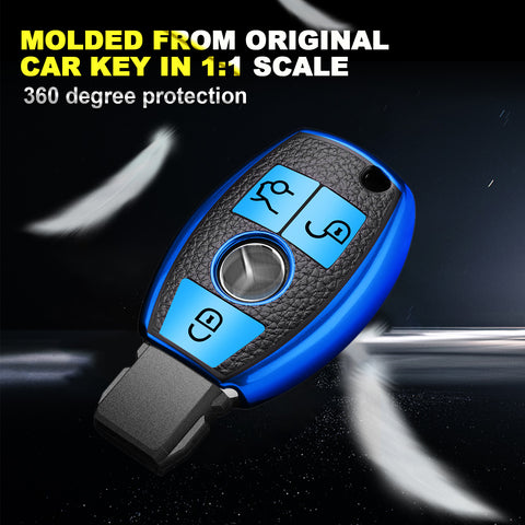For Mercedes Benz A C E CLA AMG Remote Key Fob Shell Cover Case TPU Leather Blue