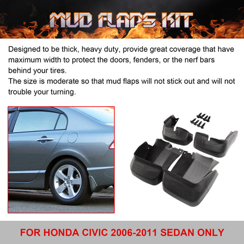 4X Front&Rear Mud Flaps Splash Fender Guard For Honda Civic 2006-2011 4DR Sedan