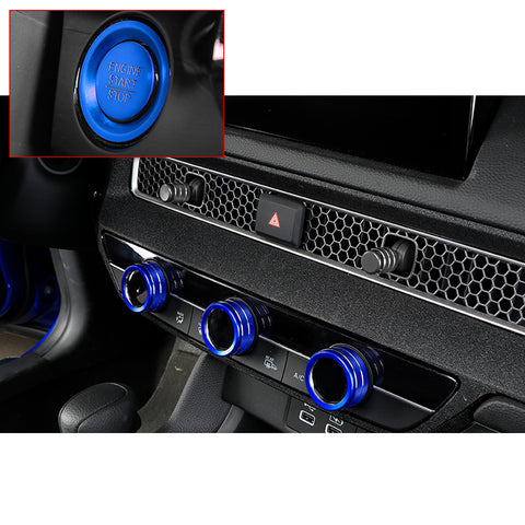 Centre Console AC Climate Control Knob Surrounding Ring + Engine Start/Stop Push Button Covers Decoration Combo Kit Compatible with Honda Civic 11th Gen 2022 (Blue)