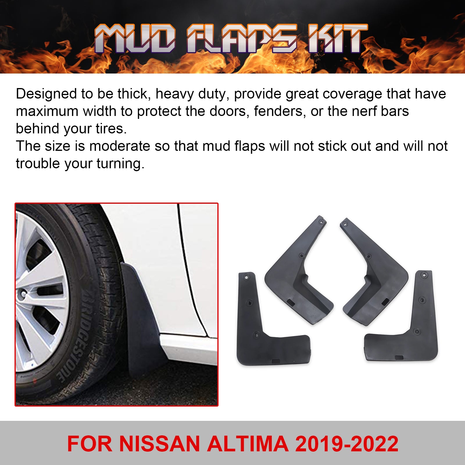 4-Piece Splash Guard Set For Nissan Altima L33 Sedan (2013-2018) – Front & Rear Mud Flaps, Black PP+TPE Material – Not For SR Or Nismo Models