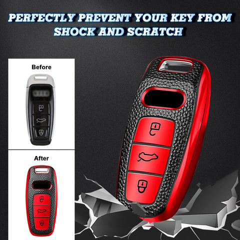 Xotic Tech Red TPU Grainy Leather Texture Key Fob Shell Cover Case w/ Keychain, Compatible with Audi A3 A6 A7 A8 E-Tron S3 S6 RS6 S7 RS7 Q7 SQ7 Q8 SQ8 3-Button Smart Keyless Entry Key
