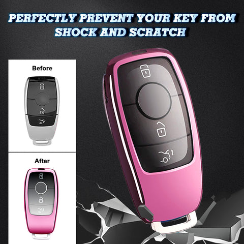 Xotic Tech Pink TPU Key Fob Shell Full Cover Case w/ Pink Keychain, Compatible with Mercedes-Benz A-Class C-Class C300 C63 CLA CLS E-Class E300 / E400 / E63 G-Class GL / GLK GLA  Smart Keyless Entry Key
