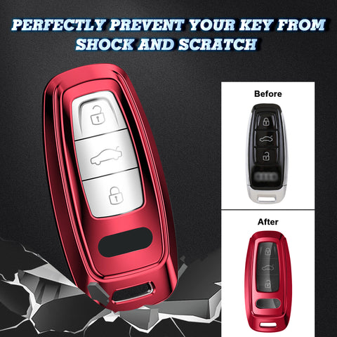 Xotic Tech Red TPU Key Fob Shell Full Cover Case w/ Red Keychain, Compatible with Audi A6 C6 C5 A3 A4 B6 B7 B9 B8 A5 A2 Q5L Q3 A1 S3 A4L Q7 A5 A7 A8 Q5 R8 TT S5 S6 S7 S8 Smart Keyless Entry Key