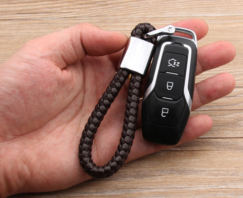Genuine Leather Keychain, Weave Braided Leather Car Key Chain Ring Grip Strap, Brown