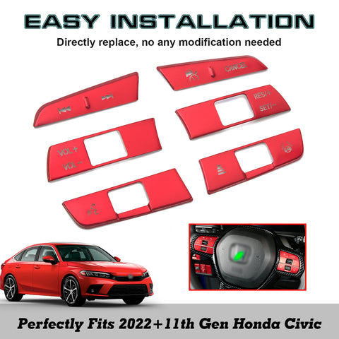 6x Red JDM Sporty Steering Wheel Button Cover Trim For Honda Civic 11th Gen 2022