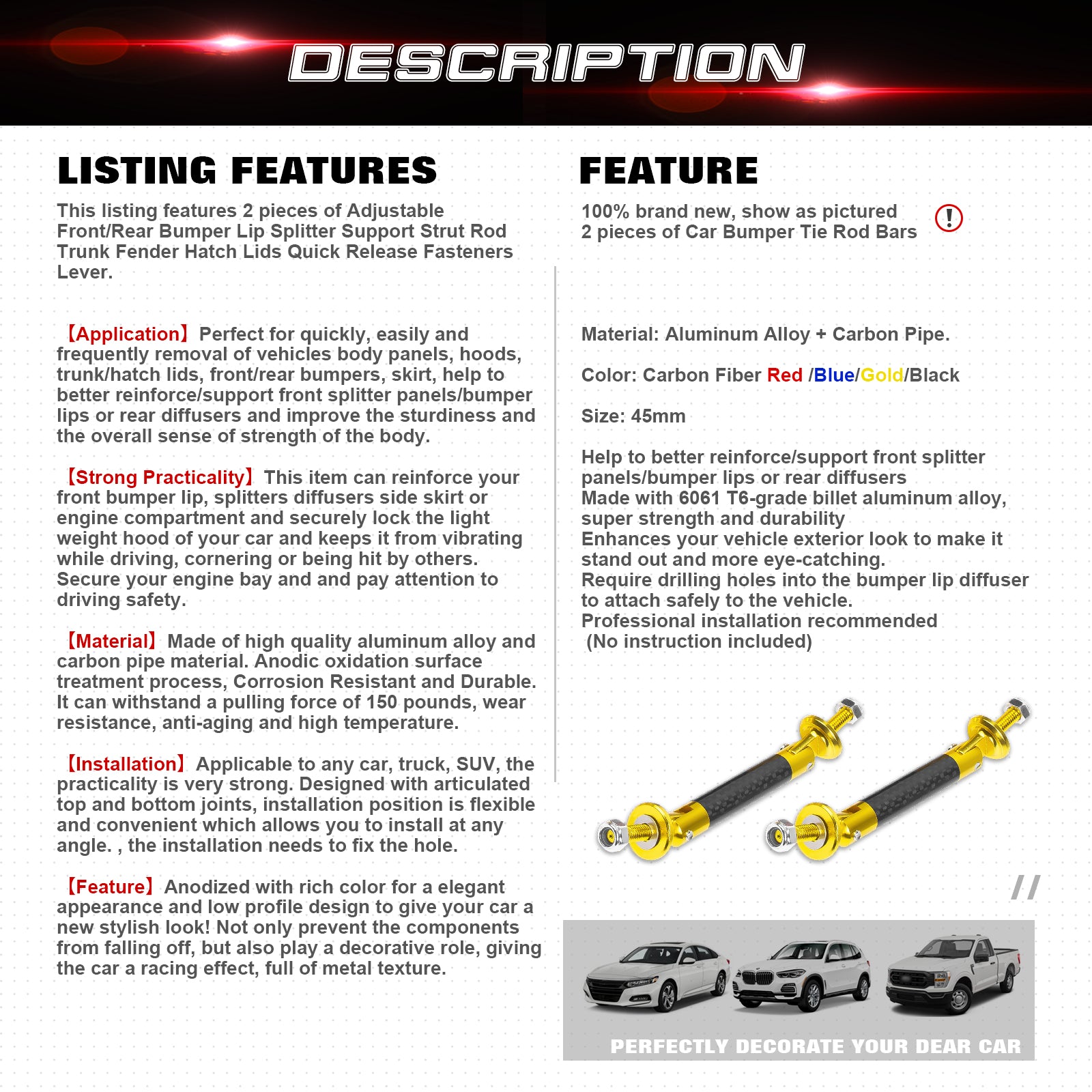 2pcs 45mm Car Adjustable Front Rear Bumper Lip Splitter Trunk Corner E Fender Hatch Lid Body Panel Fixed Lock Bar Support Strut Tie Rod Fastener Lever Universal Kit Carbon Fiber Gold