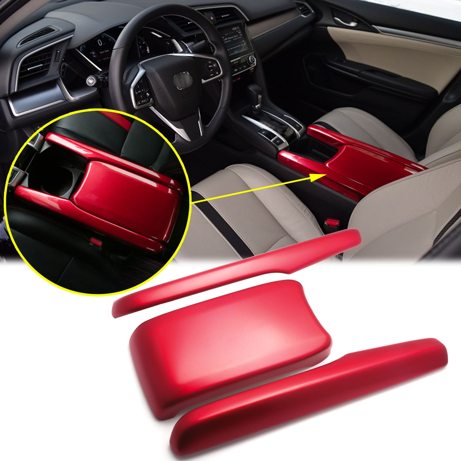 Red Center Console Armrest Box Panel Decor Cover Trim Protector Cap Fo