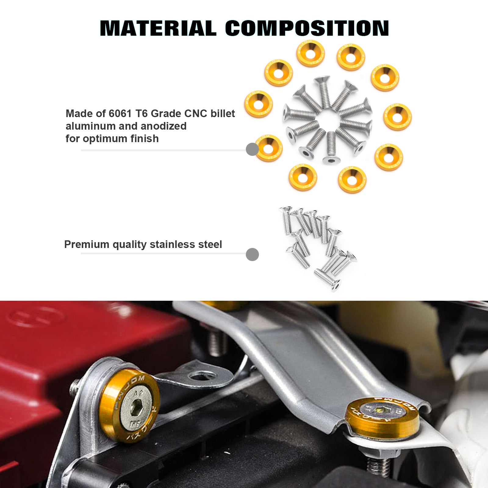 JONJEA 20-Piece Gold Billet Aluminum Fender Bumper Washer Bolt Kit – M6 Engine Bay Dress Up Set (Stainless Steel Hardware)