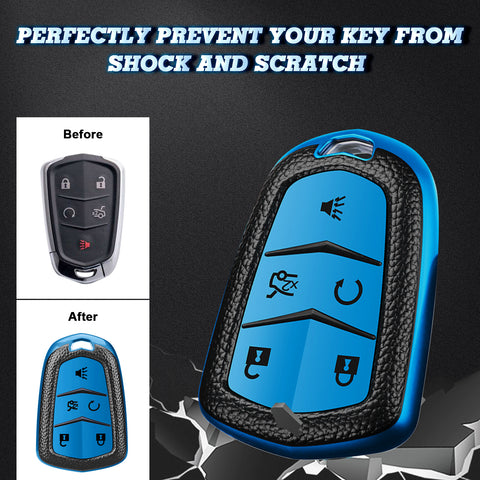 Xotic Tech Blue TPU w/ Printed 5-Button Key Fob Shell Cover Case w/Blue Keychain, Compatible with Cadillac CT6 XT5 CTS XTS SRX ATS HYQ2AB HYQ2EB Smart Keyless Entry Key