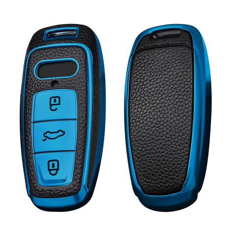 Xotic Tech Blue TPU Grainy Leather Texture Key Fob Shell Cover Case w/ Keychain, Compatible with Audi A3 A6 A7 A8 E-Tron S3 S6 RS6 S7 RS7 Q7 SQ7 Q8 SQ8 3-Button Smart Keyless Entry Key