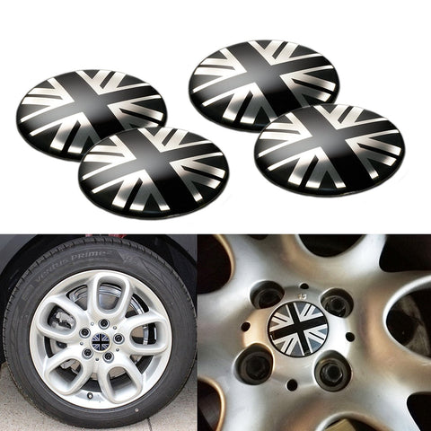 4x Black/Grey Union Jack UK Flag Style Wheel Center Cap Covers For MINI Coopers