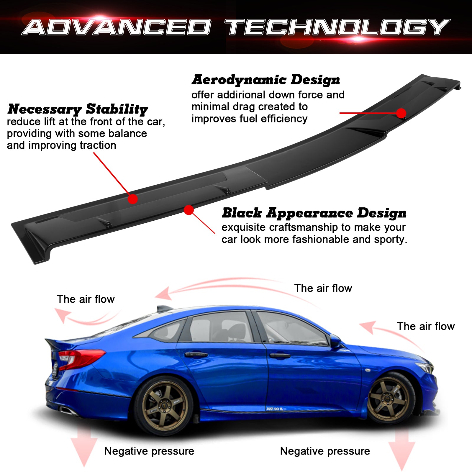 thumbnail image 2 of Xotic Tech Gloss Black Rear Window Roof Spoiler For 2018-2021 Honda Accord Sedan 2 of 6