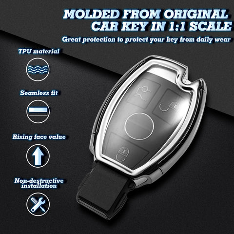 Xotic Tech 1x Silver Smart Remote Key Soft Fob Cover Case Protector for Mercedes C E S G CLS CLK SLK…