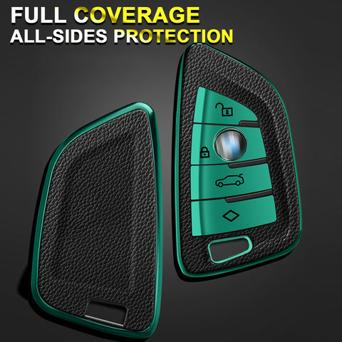 For BMW X1 X3 X5 X6 X7 5 7 Series Green TPU Leather Key Shell Fob Case Cover w/Keychain