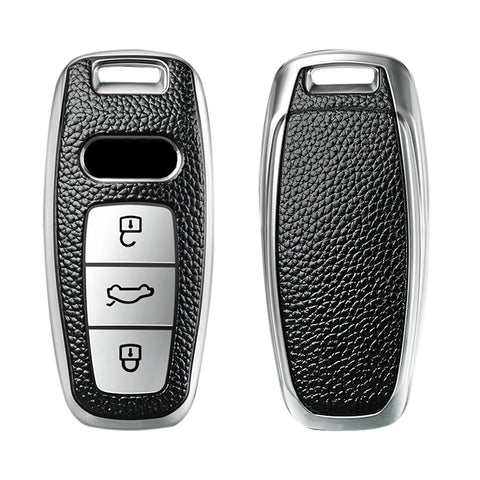 Xotic Tech Silver TPU Grainy Leather Texture Key Fob Shell Cover Case w/ Keychain, Compatible with Audi A3 A6 A7 A8 E-Tron S3 S6 RS6 S7 RS7 Q7 SQ7 Q8 SQ8 3-Button Smart Keyless Entry Key
