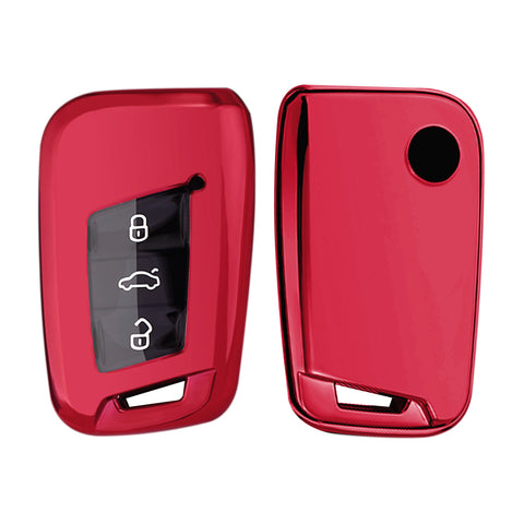 Xotic Tech Red TPU Key Fob Shell Full Cover Case w/ Red Keychain, Compatible with Volkswagen Passat Arteon Atlas Jetta Skoda CC Golf 7 Tiguan MK2 Smart Keyless Entry Key
