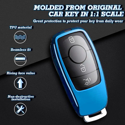 Blue Soft TPU Full Protect Smart w/Button Key Fob Cover For Mercedes-Benz C E S