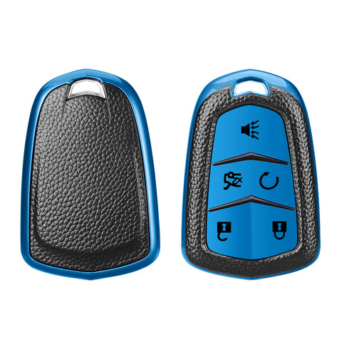 Xotic Tech Blue TPU w/ Printed 5-Button Key Fob Shell Cover Case w/Blue Keychain, Compatible with Cadillac CT6 XT5 CTS XTS SRX ATS HYQ2AB HYQ2EB Smart Keyless Entry Key