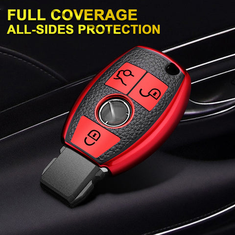 Full Protection Red Smart Key Fob Cover Case Shell w/Keychain For Mercedes Benz 3 Button