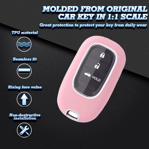 Pink TPU w/Leather Texture Full Protect Remote Key Fob w/Keychain For Honda Accord 2022+