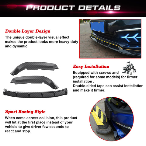 Front Bumper Lip Chin Spoiler Diffuser Splitter Guard Body Kit, Carbon Fiber Pattern, Compatible with Honda Civic Sedan 2019-2021