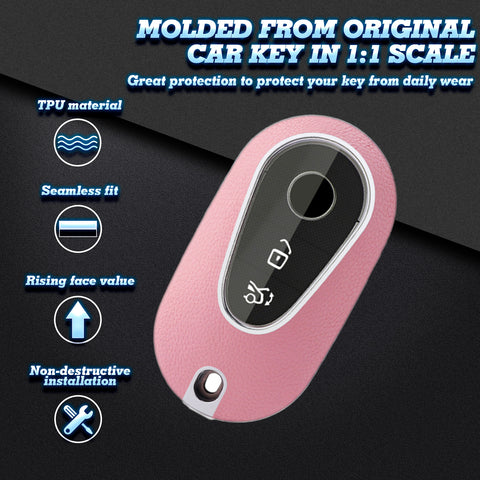 Pink TPU w/Leather Texture Full Protect Remote Key Fob For Mercedes S-Class 2020+