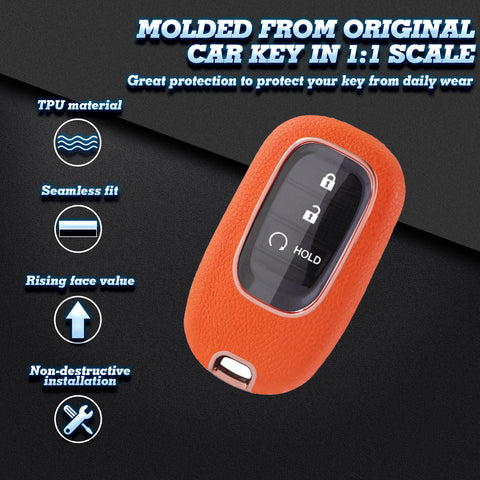 Orange TPU w/Leather Texture Full Protect Remote Key Fob w/Keychain For Honda Accord 2022+