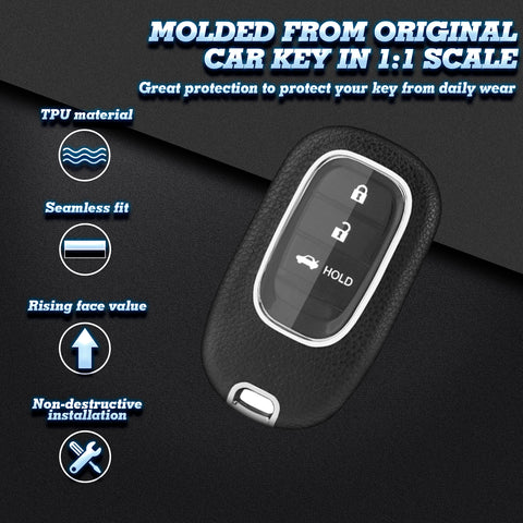 Black TPU w/Leather Texture Full Protect Remote Key Fob w/Keychain For Honda Accord 2022+