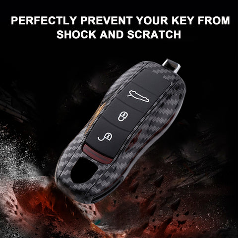 Gloss Carbon Fiber Texture ABS Smart Key Fob Cover Holder w/Keychain For Porsche Macan Carrera 911 Cayenne