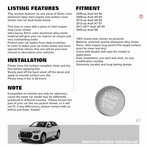 Aluminum RS Style Keyless Start Engine Stop Push Button Stickers Cover Trim Compatible with Audi A4 A5 A6 A7 A8 Q5 S4 S5 S6 S7 S8 RS4 (Silver)