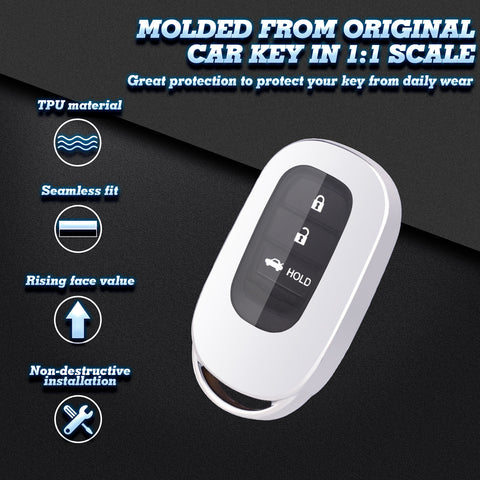 Silver Soft TPU Full Protect Remote Smart Key Fob Cover w/Keychain For Honda Accord Civic 2022