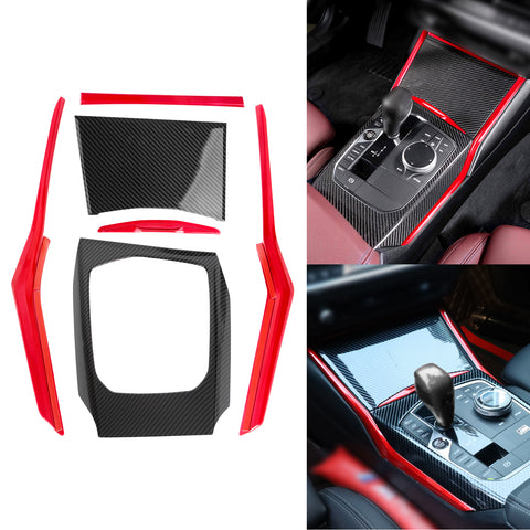 Sporty Inner Central Gear Shift Media Panel Cup Holder Cover Trim Compatible with BMW 3-Series G20 2019-2021 (Red & Carbon fiber pattern)