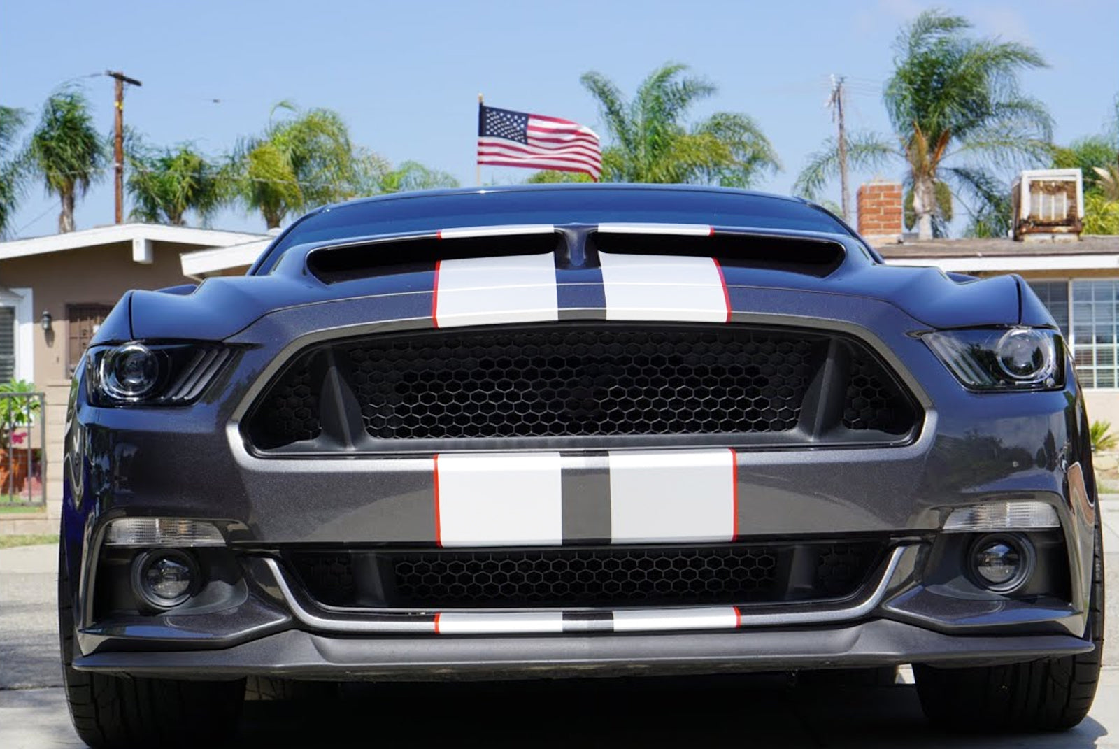 Xotic Tech Racing Stripe Decal Kit For Ford Mustang 2015+ - Glossy White & Black Hood/Roof/Trunk Stripes