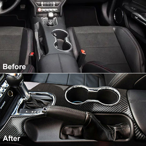 Carbon Fiber Center Console Gear Shift Box Water Cup Holder Panel Frame Decal Cover Trim for Ford Mustang Sixth Generation 2015 2016 2017 2018 2019
