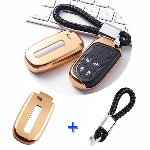 1x Glossy Gold TPU Smart Key Remote Keyless FOB Shell Case W/ Braided Keychain For Jeep Dodge Chrysler