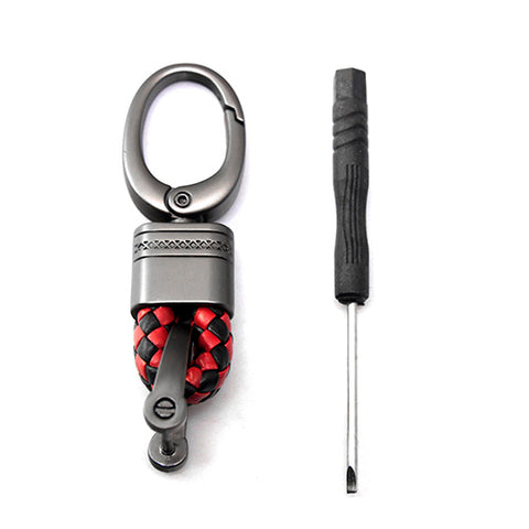 Black Red Cross Braid Faux Leather Gun Metal Snap Keychain KeyRing Fob Universal