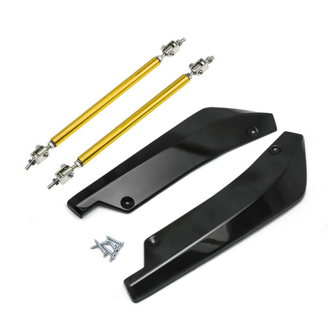 JDM Universal Rear Bumper Canard Diffuser Splitter Valence Spoiler Fin Lip Trim, Glossy Black with Adjustable 6"-9" Support Rod -Gold