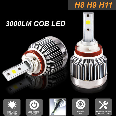 LED Headlight Kit H8 H9 H11 COB LED 6000LM 6000K White for High Low Beam Fog Bulb Headlight