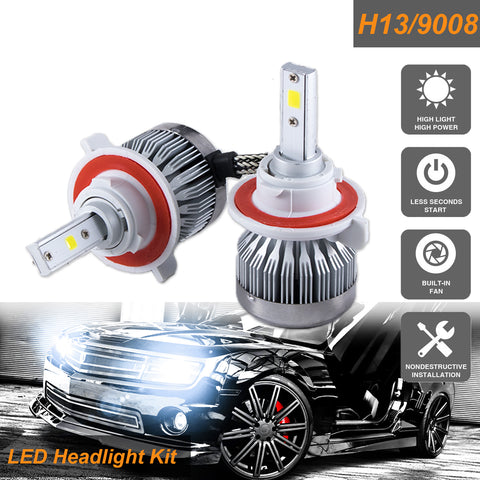 H13 9008 COB LED Headlight Conversion Kit High/Low Beam 6000LM HID Xenon White